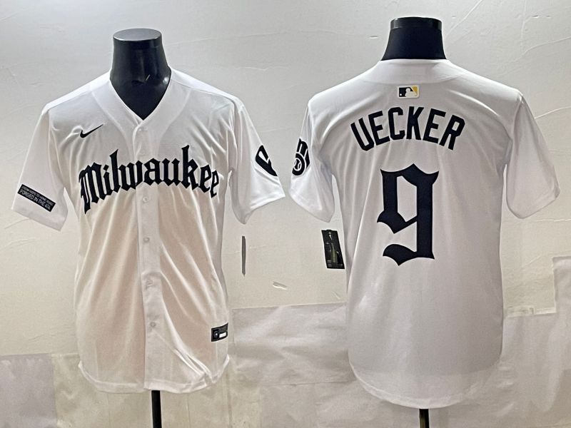 Men 2025 Milwaukee Brewers #9 Uecker White Five generations Joint Name Nike MLB Jersey style 02->milwaukee brewers->MLB Jersey